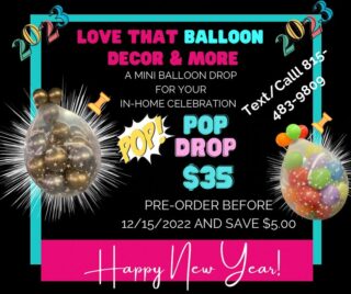 ~Balloon Pop Drops~ are available for your in home celebrations 🎉 Great for New Year’s Eve Parties 🎊 
•
Last Day to order 12/29
•
Have a little fun with the family with a Balloon Burst 💥 
•
Comes with or without paper confetti and small balloons inside a big Balloon. Yes we will give you the wand to Pop the Balloon 🎈
.
Special Offer for Only $35, If you purchase before 12/21 you can take $5 off.  Pick up at 338 S Budler Romeoville IL
Delivery $10 outside of 5 miles radius from the above address. 
Message or Call to place your order 815-483-9809
. 

#balloondecor #ballooncenterpiece #plainfield #bolingbrook #joliet #romeovilleballoons #nyeballoons #holidayballoons #aurora #romeoville #naperville #chicagoballoons #joliet #cresthill #plainfield #minooka #shorewood #balloondecorations #balloongarland #balloonbouquet #birthdayballoons #withlovevenue #holidayseason #newyearseveballoon